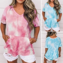 Fashion Tie-dye Printed Short Sleeve V-neck T-shirt