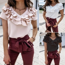 Fashion Solid Color Short Sleeve V-neck Ruffle Top