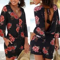 Sexy Backless V-neck 3/4 Trumpet Printed Romper
