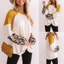 Fashion Leopard Spliced Long Sleeve Twisted Hem Contrast Color T-shirt