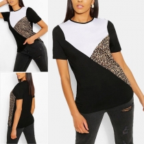 Fashion Leopard Spliced Short Sleeve Round Neck Contrast Color T-shirt
