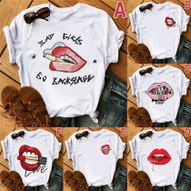Chic Style Lip Printed Short Sleeve Round Neck T-shirt