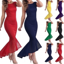 Elegant Solid Color Sleeveless Round Neck Fishtail Hem Party Dress
