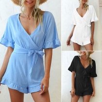 Sexy Backless V-neck Short Sleeve Solid Color Ruffle Romper