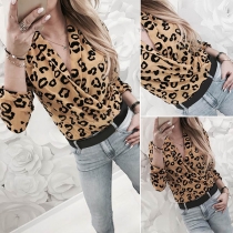 Sexy V-neck Long Sleeve Leopard Printed Top
