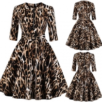Fashion Half Sleeve Round Neck Leopard Printed Dress