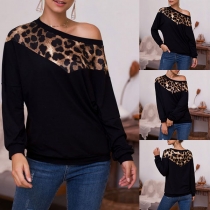 Sexy Leopard Spliced Oblique Shoulder Long Sleeve T-shirt
