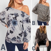 Sexy Oblique Shoulder Long Sleeve Printed T-shirt