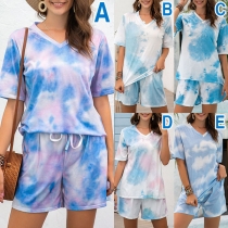 Fashion Tie-dye Printed Short Sleeve V-neck T-shirt + Shorts Two-piece Set