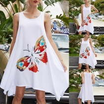 Fashion Sleeveless Round Neck Irregular Hem Butterfly Printed Dress