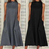 Chic Style Sleeveless Mock Neck Solid Color Loose Dress