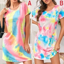 Fashion Tie-dye Printed Short Sleeve Round Neck T-shirt Dress