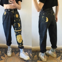 Chic Style Sun Crescent Printed Relaxed-fit Jeans