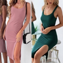 Sexy Backless Slit Hem Sleeveless Solid Color Slim Fit Dress