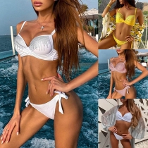 Sexy Low-waist Rhinestone Spliced Solid Color Bikini Set