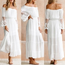 Sexy Lace Spliced Trumpet Sleeve Boat Neck High Waist Dress