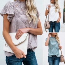 Sexy Lace Spliced Short Sleeve Mock Neck Solid Color Top