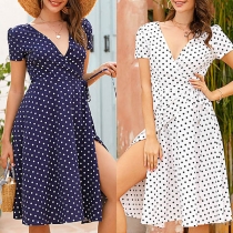 Sexy V-neck Slit Hem Short Sleeve Dots Printed Dress