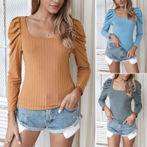 Fashion Solid Color Puff Sleeve Square Collar Slim Fit T-shirt