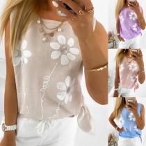 Fashion Sleeveless Round Neck Knotted Hem Printed Tank Top