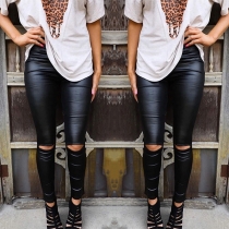 Fashion Solid Color High Waist Slim Fit Ripped Leggings