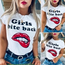 Fashion Letters Red-lip Printed Short Sleeve Round Neck T-shirt