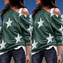 Fashion Long Sleeve Round Neck Star Printed T-shirt