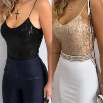 Sexy Backless V-neck Sling Sequin Top