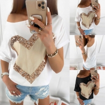 Fashion Sequin Spliced Heart Pattern Short Sleeve Round T-shirt