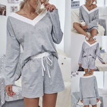 Fashion Contrast Color V-neck Long Sleeve T-shirt + Shorts two-piece Set