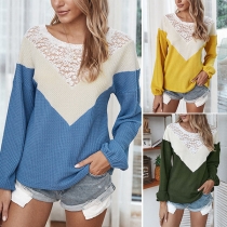 Fashion Contrast Color Long Sleeve Round Neck Lace Spliced Knit Top