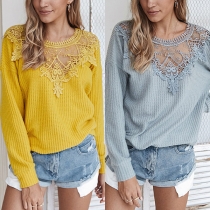 Fashion Long Sleeve Lace Spliced Round Neck Solid Color Knit Top