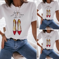 Chic Style Heels Printed Short Sleeve Round Neck T-shirt
