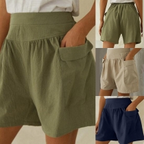 Fashion Solid Color High Waist Side-pocket Shorts