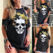 Sexy Off-shoulder Short Sleeve Skull Head Printed T-shirt