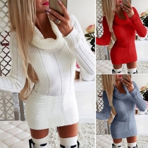 Fashion Solid Color Long Sleeve Cowl Neck Slim Fit Sweater Dress