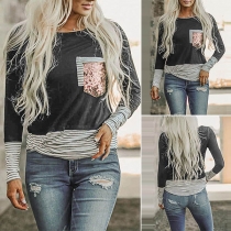 Fashion Sequin Striped Spliced Long Sleeve Round Neck T-shirt