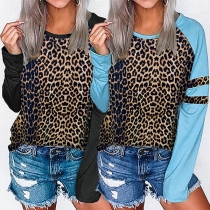Fashion Contrast Color Leopard Spliced Long Sleeve Round Neck T-shirt