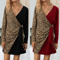 Sexy V-neck Leopard Spliced Lace-up Dress