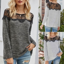 Fashion Lace Spliced Long Sleeve Round Neck Knit Top