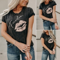 Casual Style Short Sleeve Round Neck Lip Printed T-shirt