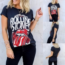 Fashion Short Sleeve Round Neck Letters Lip Printed T-shirt