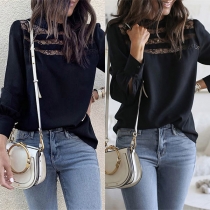 Fashion Solid Color Long Sleeve Mock Neck Lace Spliced Top