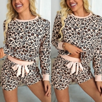 Fashion Leopard Printed Long Sleeve Round Neck Top + Shorts two-piece Set