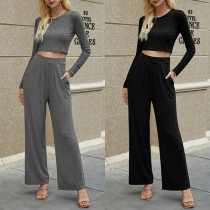 Fashion Solid Color Long Sleeve Crop Top + Pants Two-piece Set