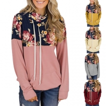 Fashion Printed Spliced Long Sleeve Hooded Sweatshirt