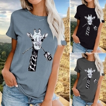 Cute Style Giraffe Printed Short Sleeve Round Neck T-shirt