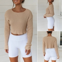 Fashion Long Sleeve Round Neck Crop Top + Shorts Two-piece Set