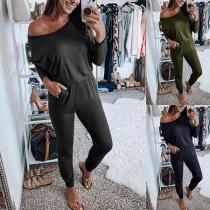 Sexy Oblique Shoulder Long Sleeve Solid Color Romper