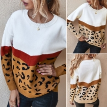 Fashion Leopard Spliced Long Sleeve Round Neck Sweatshirt